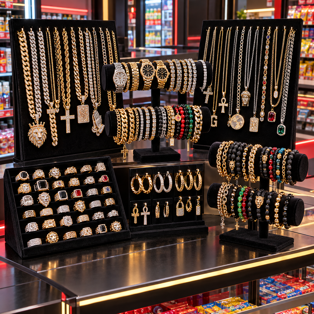 Complete Tokyo Madness jewelry display setup for a smoke shop