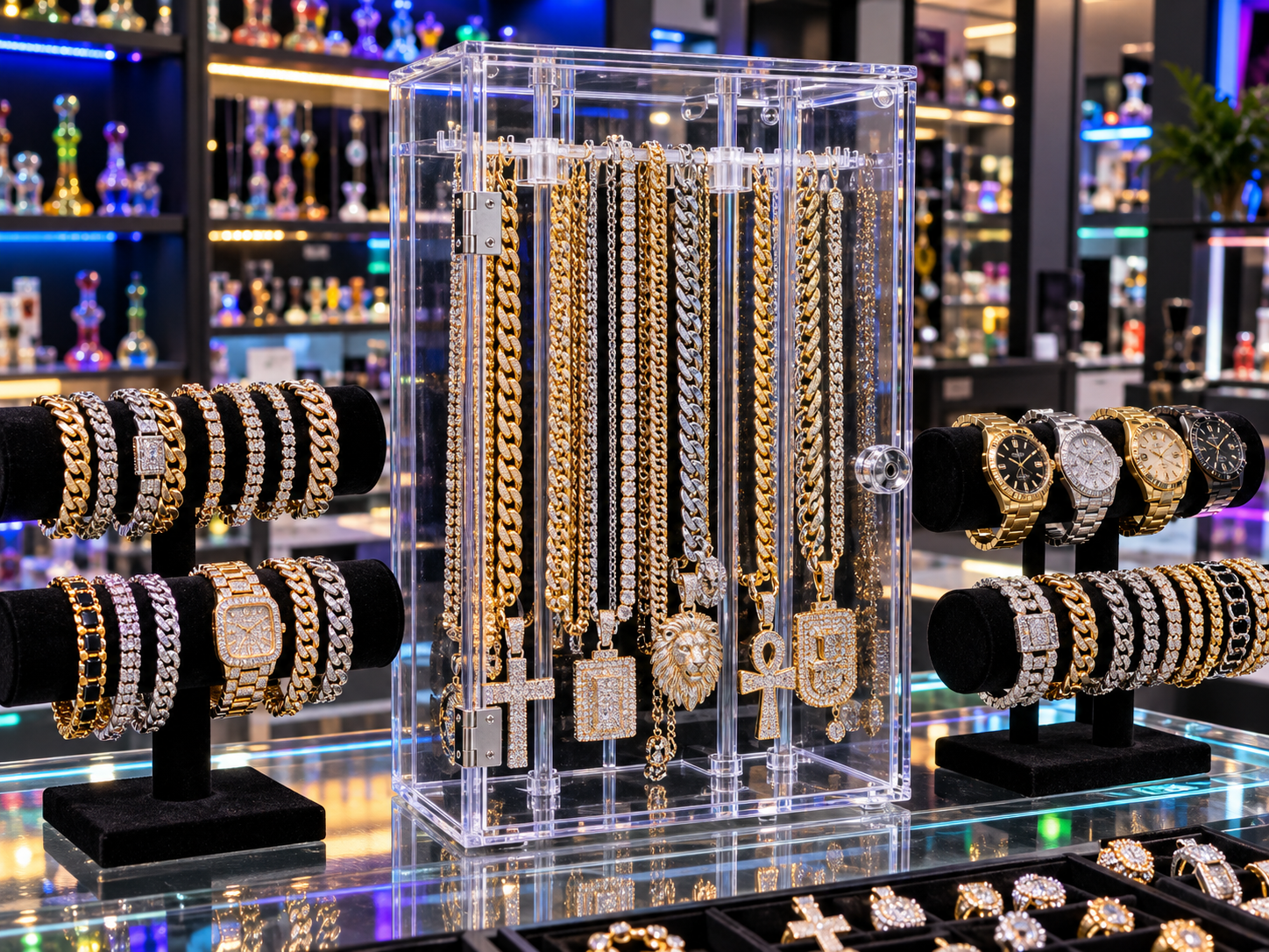 Secure clear counter display filled with hip-hop jewelry