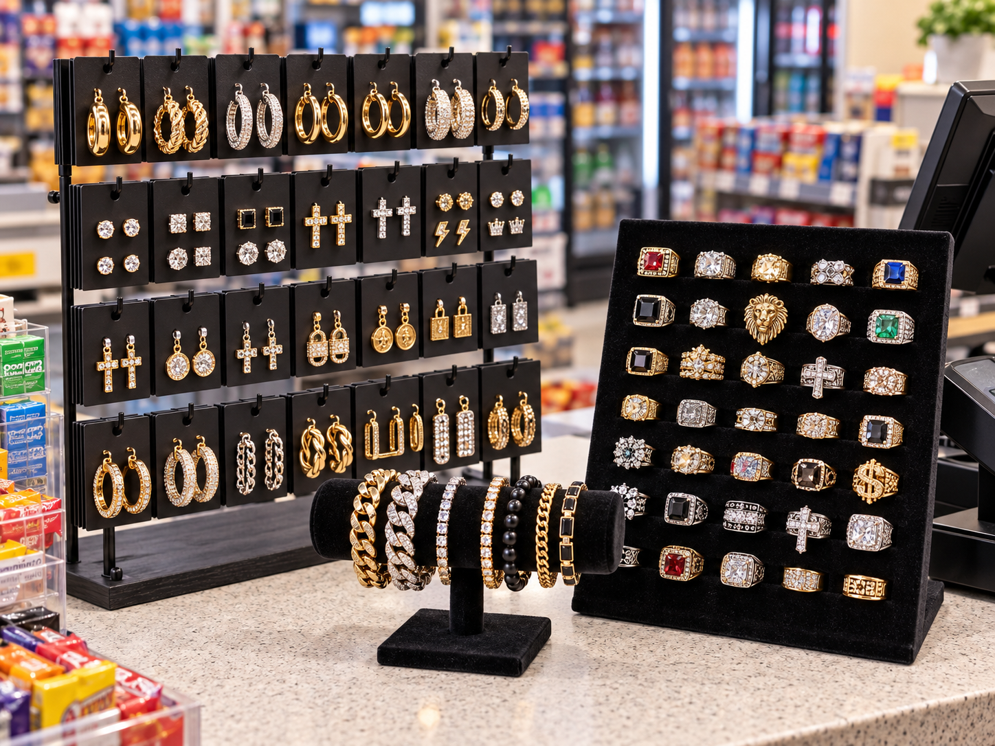 Urban rings earrings and bracelets arranged for retail