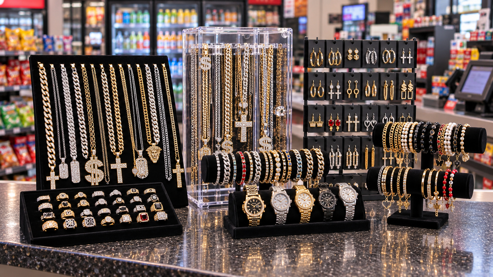 Urban chains and iced pendants on a black retail jewelry display
