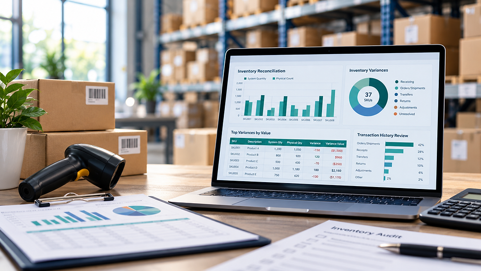 Inventory audit dashboard on laptop in warehouse setting