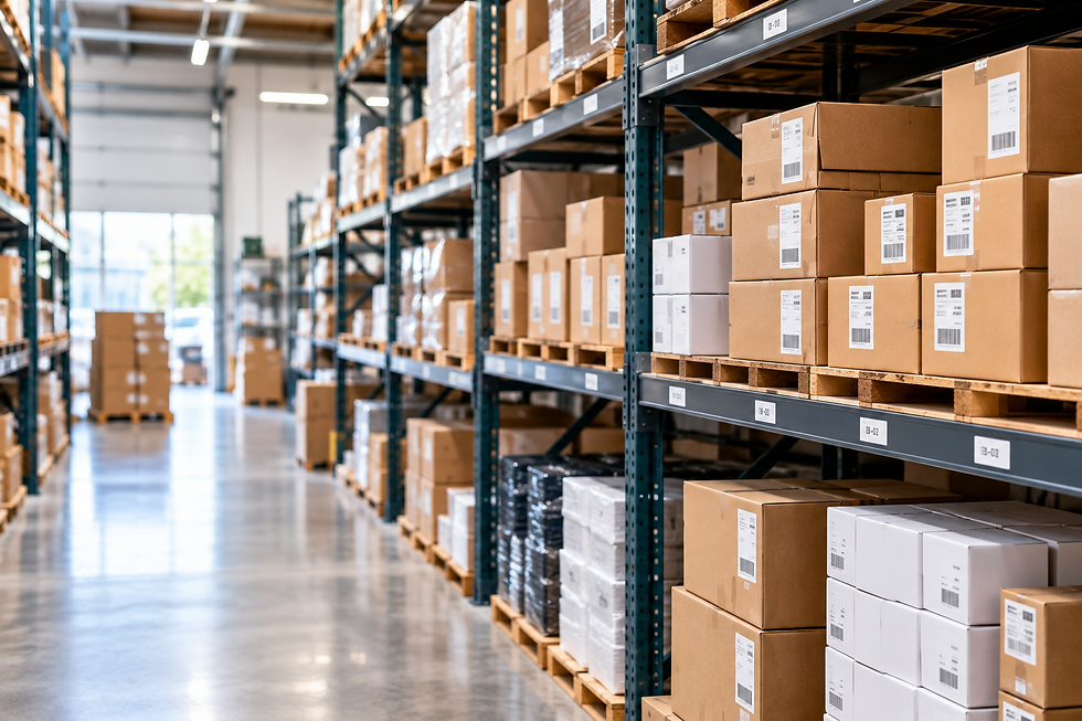 Organized cardboard boxes on warehouse shelving units.