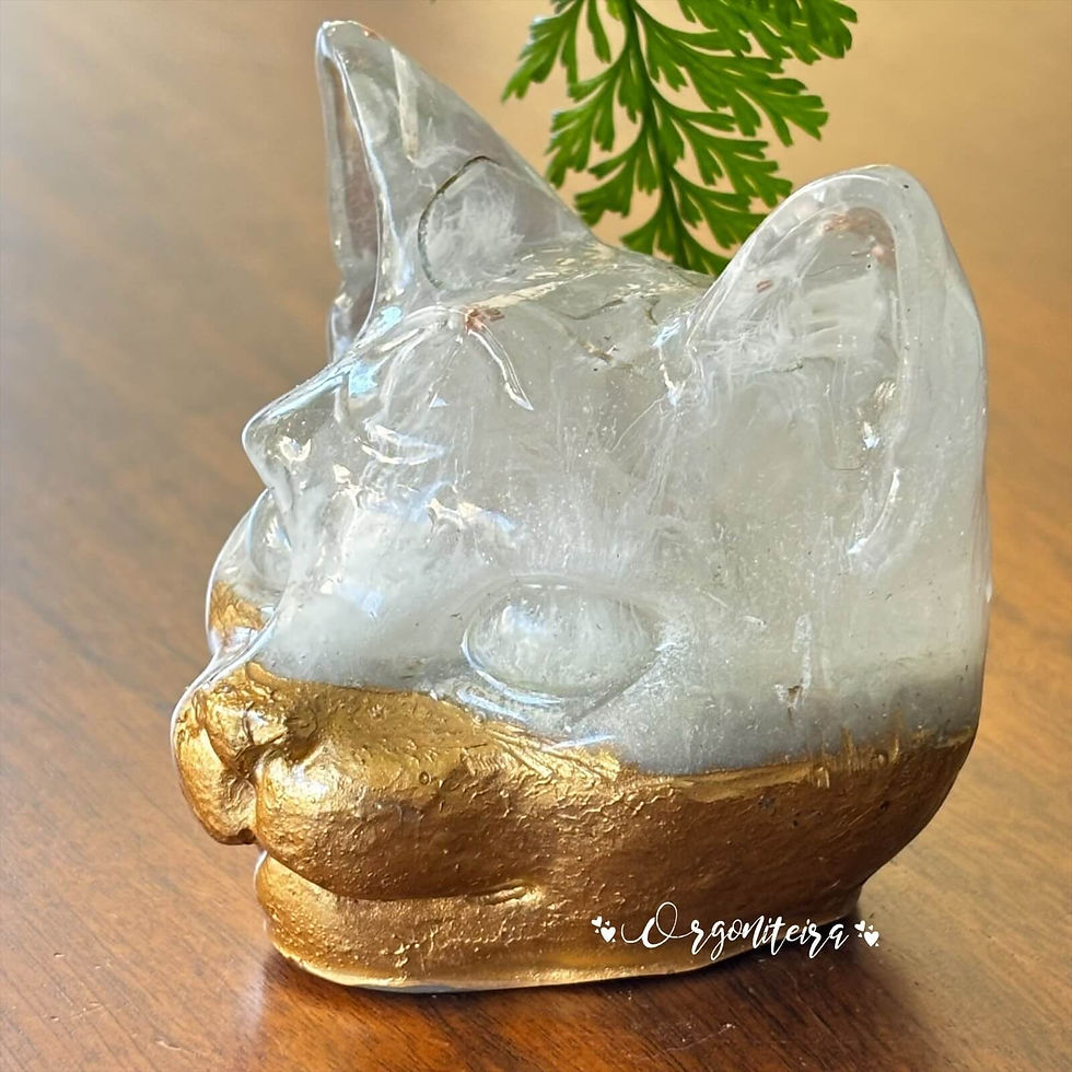 Miniatura: Cabeça de gato em orgonite com larimar, selenita e calcita óptica