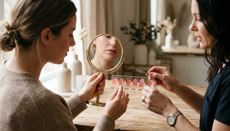 Eye-level view of a client reviewing lip pigment swatches during a beauty consultation