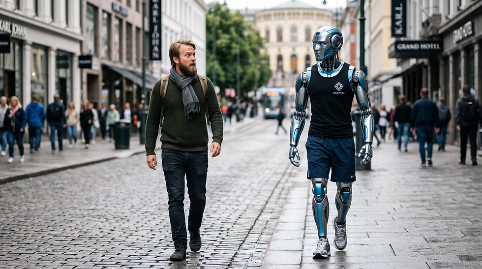 Mann og robot går side om side i en travel bygate