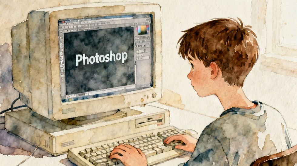 Akvarellillustrasjon av en ung gutt med kort brunt hår som sitter ved en gammeldags datamaskin og jobber i Photoshop