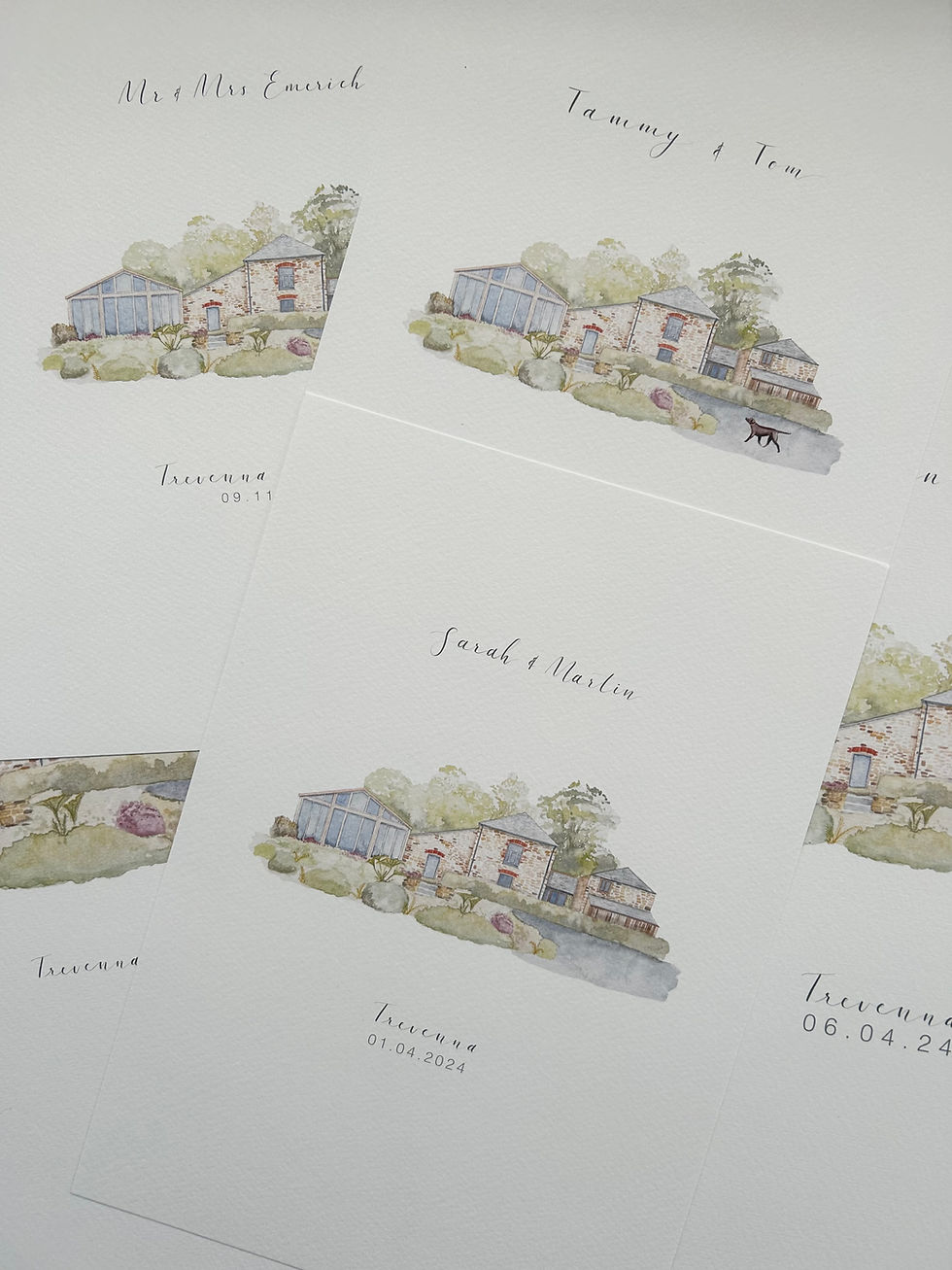 Thumbnail: Trevenna Barns Wedding Venue Watercolour Painting  Illustration Print - Printed Date & Names for Wedding or Anniversary Gift