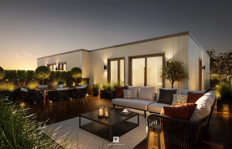 Rendu 3D photoréaliste d’une terrasse extérieure au crépuscule dans un projet résidentiel, avec éclairage architectural, mobilier contemporain et ambiance chaleureuse, réalisé par Tangram Studio.
