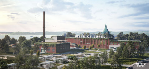 Artistic 3D rendering of the District Lupel factory exterior. 3D rendering design by Tangram Studio
