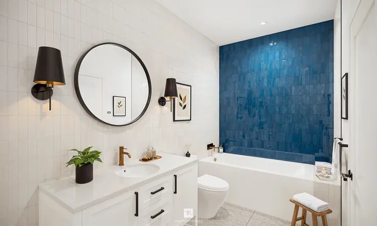 Rendu 3D photoréaliste d’une salle de bain moderne au rez-de-chaussée d’un projet résidentiel, avec meuble-lavabo contemporain, finitions épurées, éclairage doux et matériaux haut de gamme, réalisé par Tangram Studio.