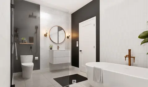 Rendu 3D photoréaliste d’une salle de bain moderne en sous-sol, avec douche vitrée, baignoire autoportante, contrastes noir et blanc et finitions contemporaines, réalisé par Tangram Studio.