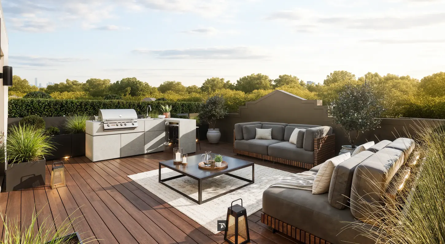 Rendu 3D photoréaliste d’une terrasse extérieure en journée dans un projet résidentiel, avec mobilier contemporain, végétation intégrée et lumière naturelle, réalisé par Tangram Studio.
