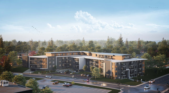 Rendu 3D artistique d'un immeuble d'appartements à plusieurs étages. Conception de rendu 3D par Tangram Studio.