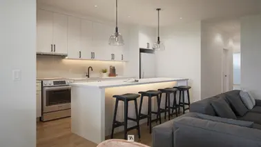 Rendu 3D photoréaliste d’une cuisine contemporaine en sous-sol avec îlot central, armoires épurées et éclairage intégré, dans un projet résidentiel, réalisé par Tangram Studio.