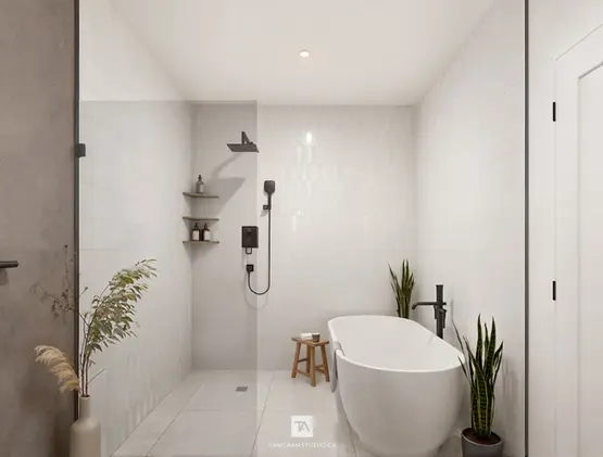 Rendu 3D photoréaliste d’une salle de bain moderne en sous-sol dans un projet résidentiel, avec douche à l’italienne, baignoire autoportante, finitions épurées et éclairage doux, réalisé par Tangram Studio.