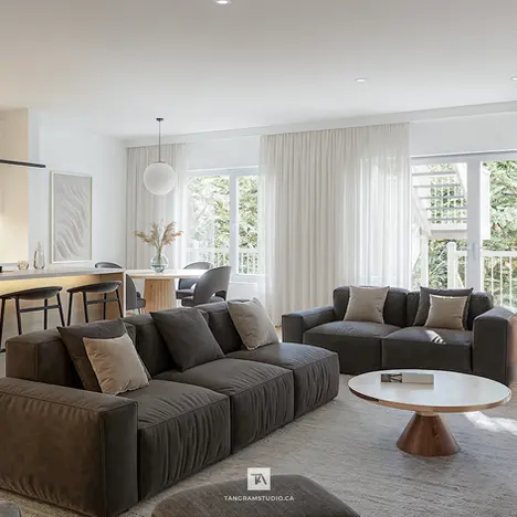 Rendu 3D photoréaliste d’un salon moderne dans un penthouse résidentiel, présenté sous un angle secondaire mettant en valeur le mobilier contemporain, les matériaux naturels et la lumière naturelle, réalisé par Tangram Studio.