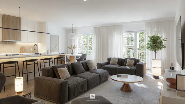 Rendu 3D photoréaliste d’un salon moderne dans un penthouse résidentiel, présenté sous un angle secondaire mettant en valeur le mobilier contemporain, les matériaux naturels et la lumière naturelle, réalisé par Tangram Studio.