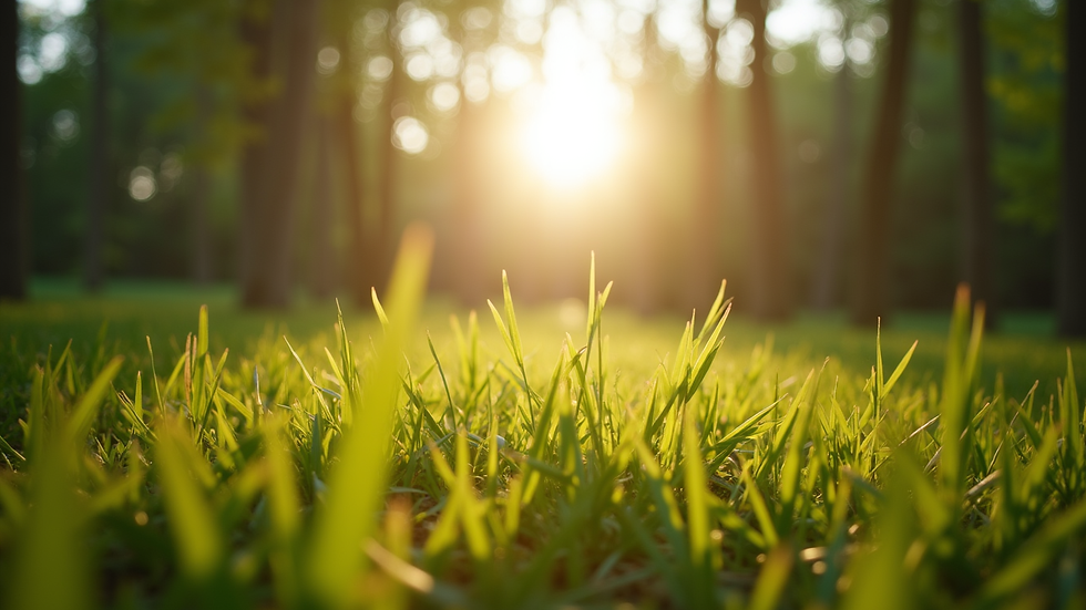Close-up view of a serene nature scene with soft sunlight filtering through trees