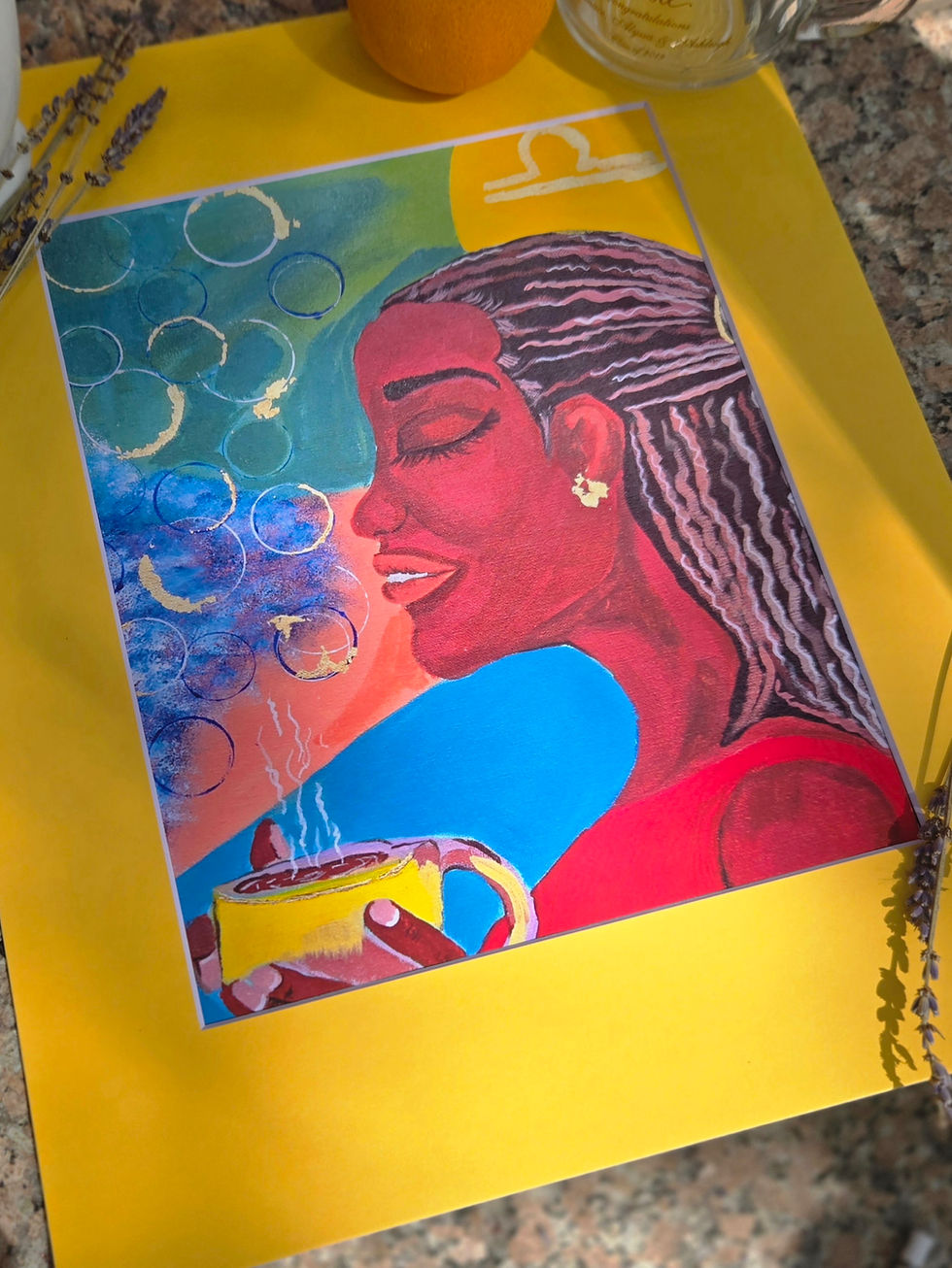 acrylic art print in bright primary colors of woman holding tea cup