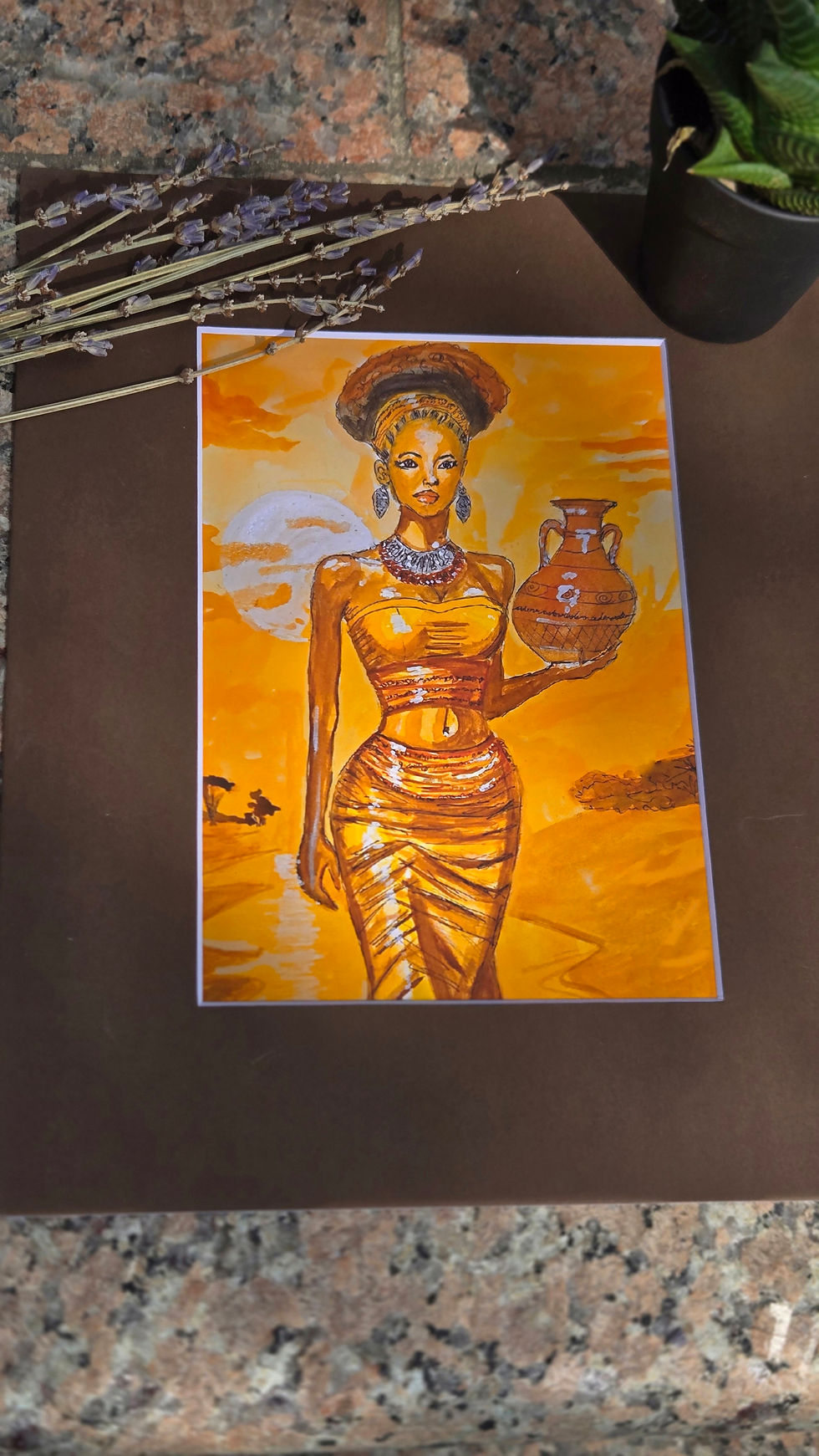 Thumbnail: watercolor art print of Nubian queen in shades of orange  