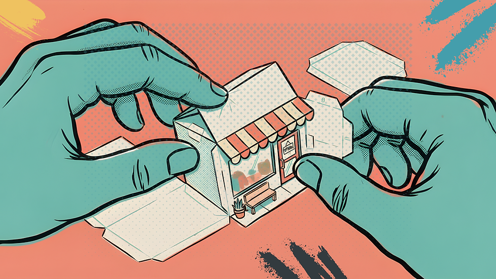 Two hands assembling a small paper storefront, representing the careful, step-by-step process of rebuilding a small business from the ground up.