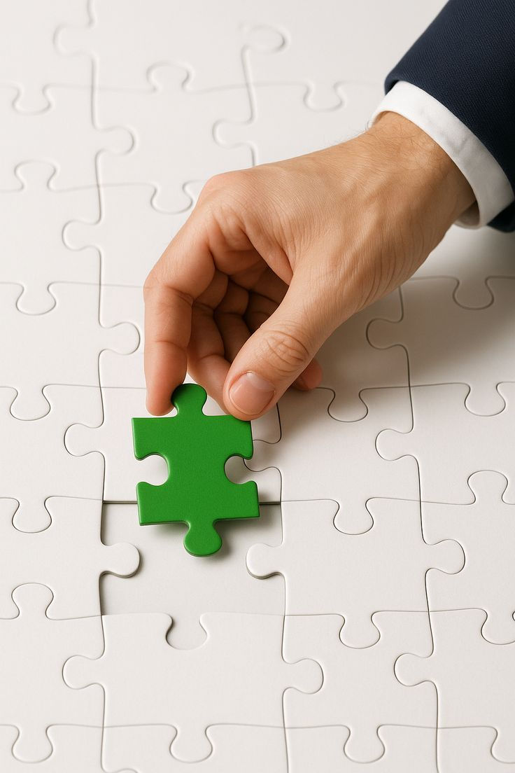 Businessman placing a green puzzle piece into a white puzzle representing the structured process of completing a merger or acquisition deal