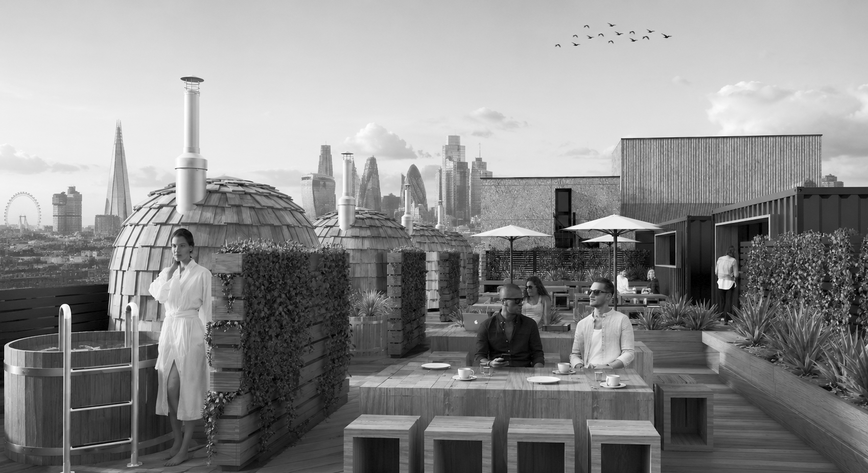 Mulhern Iremonger Design Studios — Rooftop spa, bar and café concept for Colechurch House in Central London with landscaped terraces and panoramic city views.