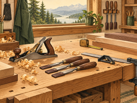 Illustration of a woodworking bench with a hand plane, chisels, square, clamp and lumber.