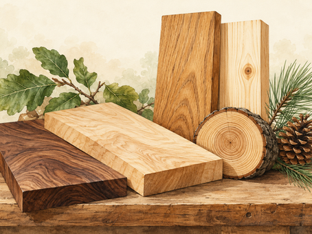 Illustration of contrasting wood grain, a log cross-section, broad leaves and pine needles.