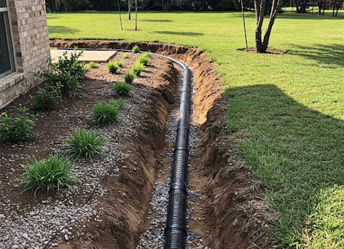 French drain installation by Brass Landscaping to improve residential yard drainage and eliminate standing water in Warrenville, IL and surrounding communities.