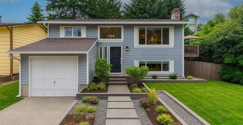 Modern front entrance walkway with oversized concrete pavers and professional landscape design