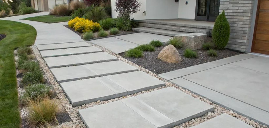 Modern large slab paver walkway with decorative stone and landscape plantings