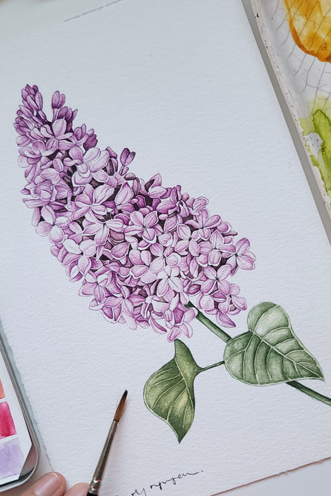 A detailed watercolor painting of a single vibrant purple lilac with a green stem, set on white paper and signed by the artist. Surrounded by art supplies including paintbrushes, watercolor palettes with colorful paints, and dried plant stems, with a hand gently placed nearby, showcasing the creative process.