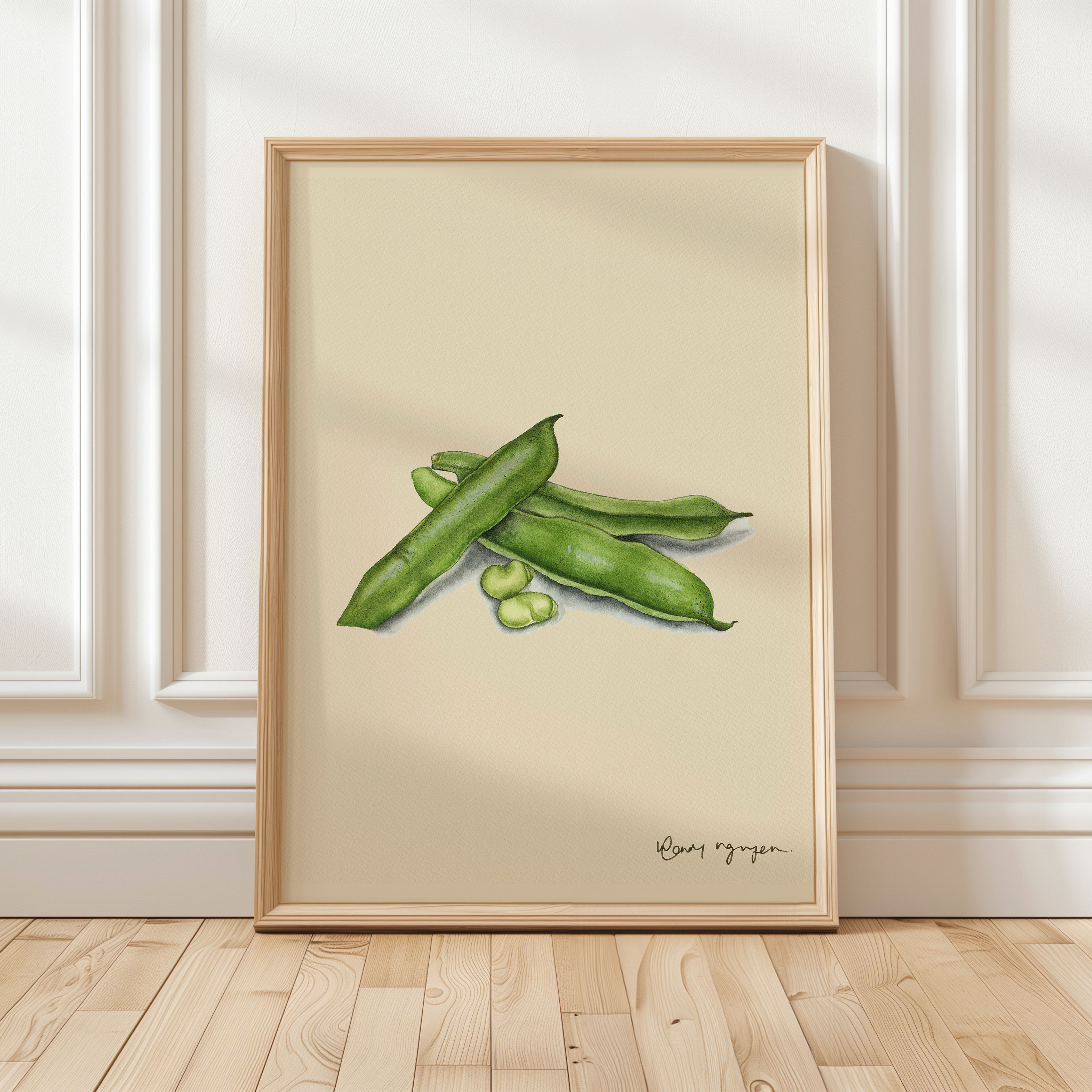 A fine art print of green beans illustrated in realistic watercolor style with a beige background. Farmhouse style art.