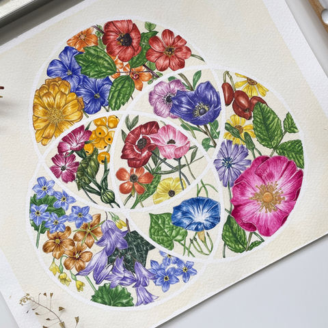 Detailed botanical watercolor illustration featuring a vibrant medley of flowers and fruits arranged in a circular segmented layout. Includes purple coneflowers, bellflowers, passionflowers, blackberries, grapes, sunflowers, forget-me-nots, and more, all intricately painted with rich, vivid colors. Surrounded by artist tools like paintbrushes and a palette, the image captures a creative workspace and celebrates nature through botanical art.