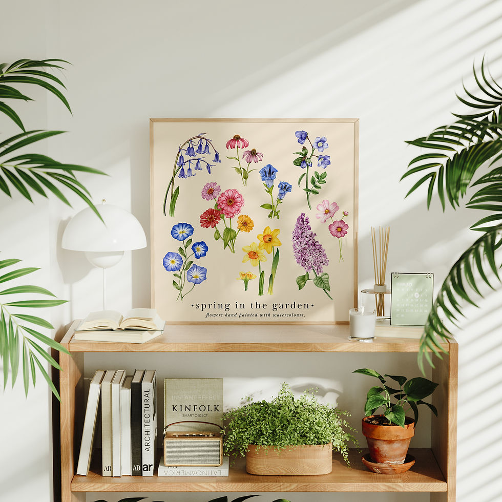 A watercolor art print featuring a collection of hand-painted wildflowers and garden flowers on a soft beige background.