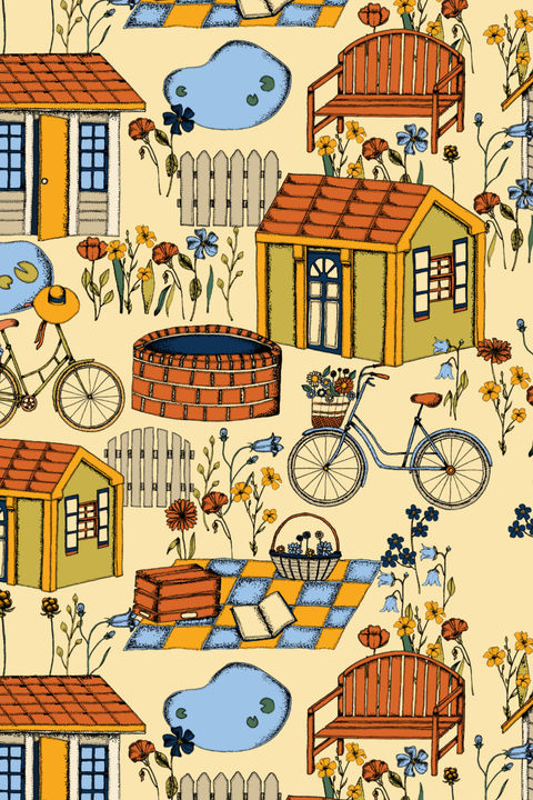 A whimsical pattern featuring colorful cottages with red roofs, bicycles, picnic blankets, benches, ponds, and scattered wildflowers, set against a light yellow background. This intricate and cheerful design is perfect for fabric, wallpaper, or decorative art projects with a cozy, countryside theme.