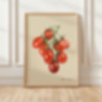 Watercolor illustration of a vibrant tomato vine featuring a cluster of ripe, red tomatoes against a soft beige background.
