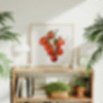 Watercolor illustration of a vibrant tomato vine featuring a cluster of ripe, red tomatoes against a soft white background.
