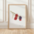 Watercolor painting of ripening blackberries on a thorny stem with red and dark purple berries on white background.