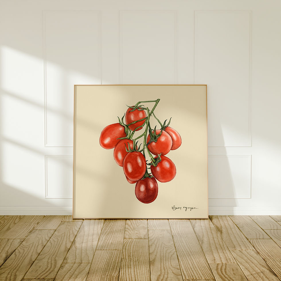 Watercolor illustration of a vibrant tomato vine featuring a cluster of ripe, red tomatoes against a soft beige background.