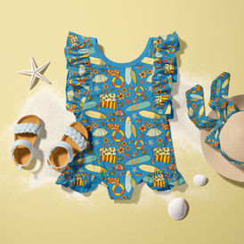 Vibrant retro surf pattern with hand-painted surfboards, beach towels, umbrellas, life rings, seashells, starfish and tropical flowers arranged in a playful seamless repeat. Bright blue, orange, yellow and aqua create a cheerful coastal aesthetic inspired by beach holidays, ocean adventures, surfing and Australian summer. Ideal for surf-inspired fabric, wallpaper, stationery, apparel, home décor, beach accessories, gift wrap and surface pattern design. Original artwork by Wendy Nguyen.