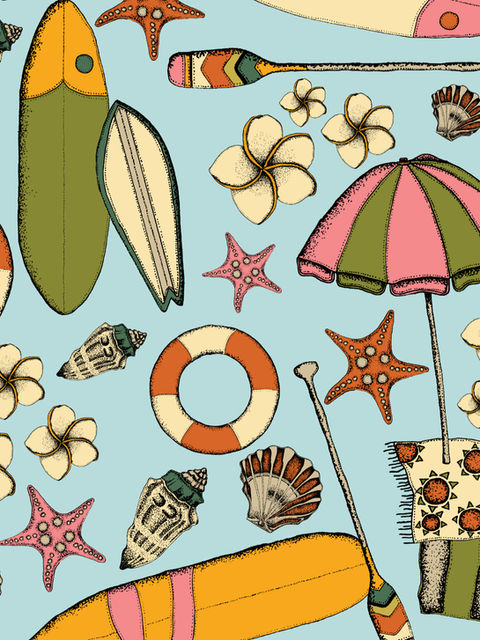 A vibrant beach-themed pattern featuring surfboards, umbrellas, life preservers, starfish, seashells, paddles, and hibiscus flowers, with colorful beach towels, set against a light blue background. This intricate and lively design is perfect for fabric, wallpaper, or decorative art projects with a tropical seaside vibe.
