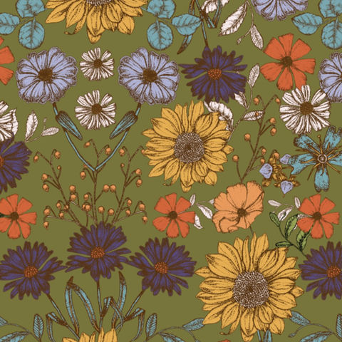 A vibrant floral pattern featuring yellow sunflowers, purple and blue daisies, orange poppies, and pink blooms, with green leaves, set against a rich teal background. This intricate and colorful design is perfect for fabric, wallpaper, or decorative art projects.