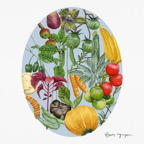 Watercolor painting of assorted vegetables on a soft pastel blue background, featuring vibrant peppers, carrots, and leafy greens.