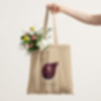 Beige cotton tote bag featuring a detailed watercolor illustration of a purple onion with elegant text below.