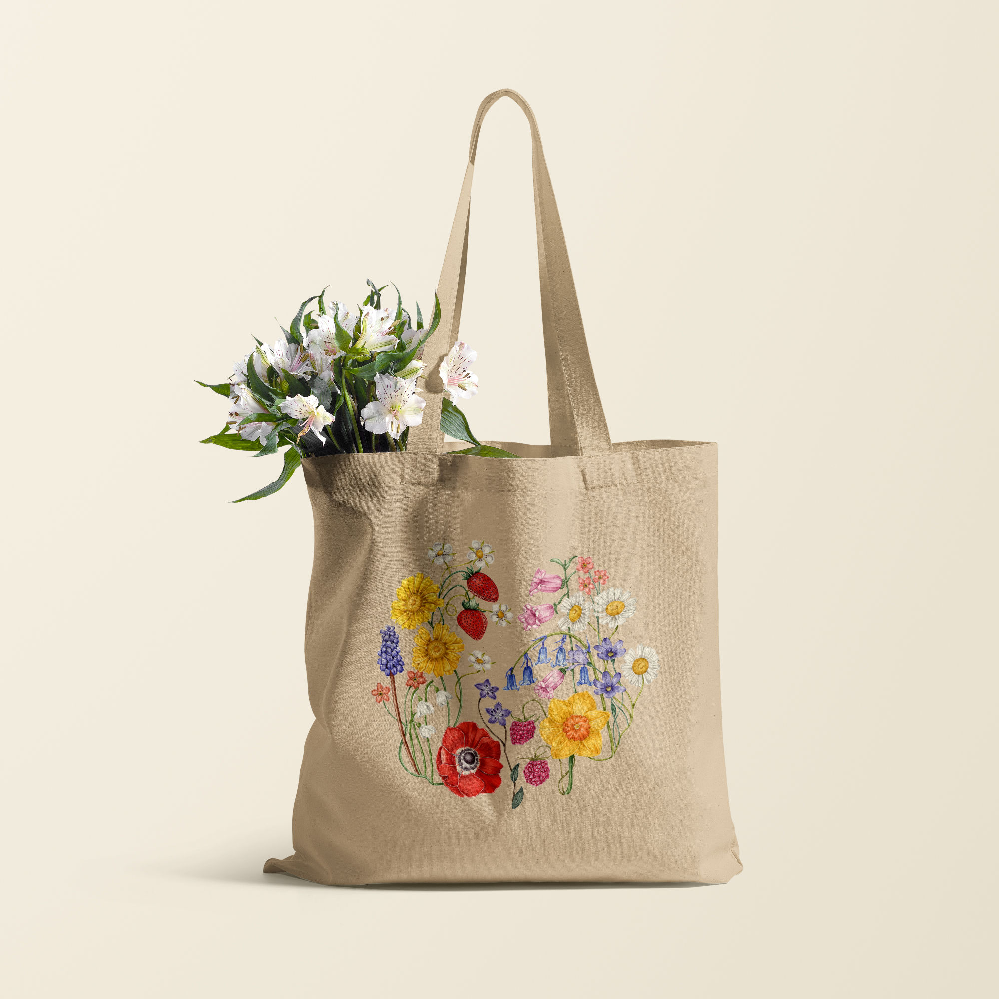 Wildflowers and Berries Botanical Illustration on Beige Eco Tote Bag Floral Watercolour Painting