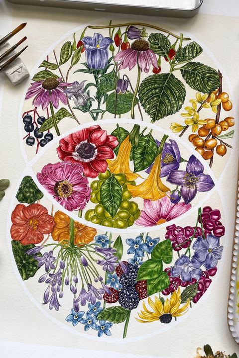 Detailed botanical watercolor illustration featuring a vibrant medley of flowers and fruits arranged in a circular segmented layout. Includes purple coneflowers, bellflowers, passionflowers, blackberries, grapes, sunflowers, forget-me-nots, and more, all intricately painted with rich, vivid colors. Surrounded by artist tools like paintbrushes and a palette, the image captures a creative workspace and celebrates nature through botanical art.