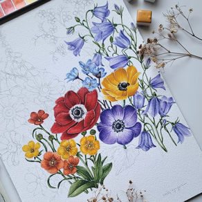 Botanical watercolor floral illustration featuring purple bellflowers, red and purple anemones, and yellow wildflowers in a vibrant hand-painted garden composition.