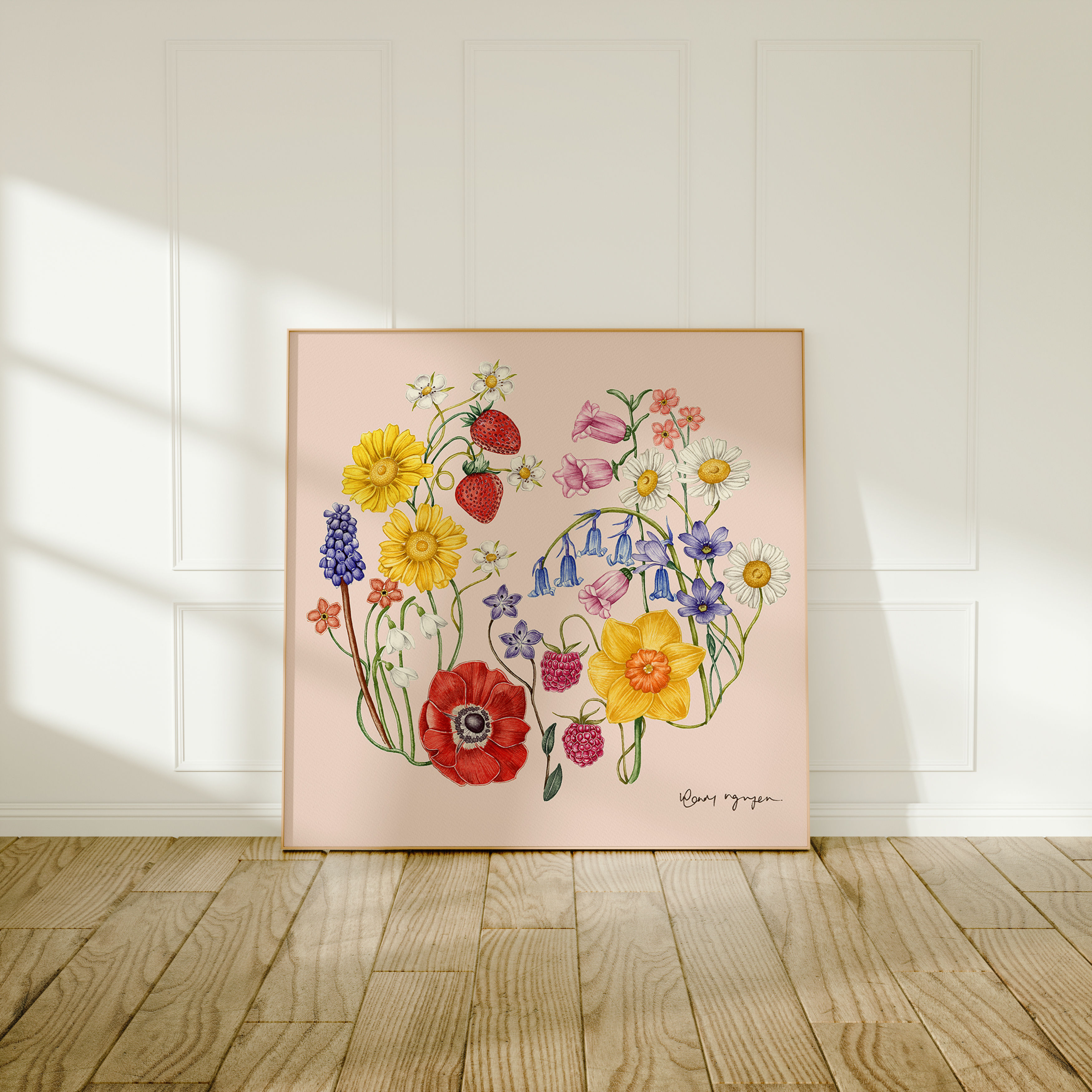 Wildflowers and Berries on Soft Pink Botanical Illustration Detailed Floral Watercolour Painting